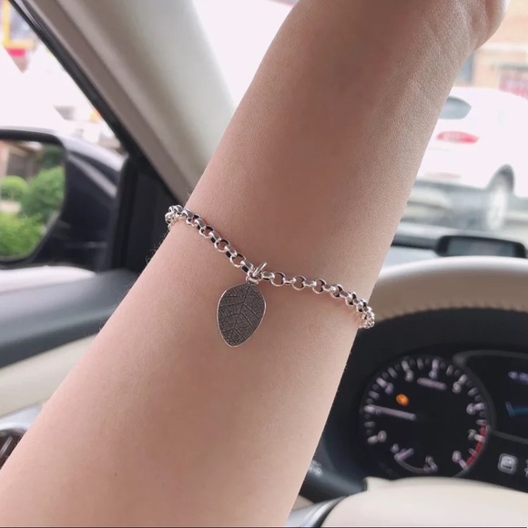 VINTAGE 925 STERLING SILVER LEAF PENDANT BRACELET - Picture 5 of 9